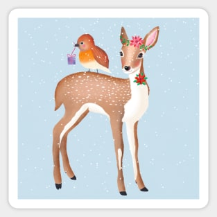 Deer and bird and snowflakes and Christmas gift Sticker